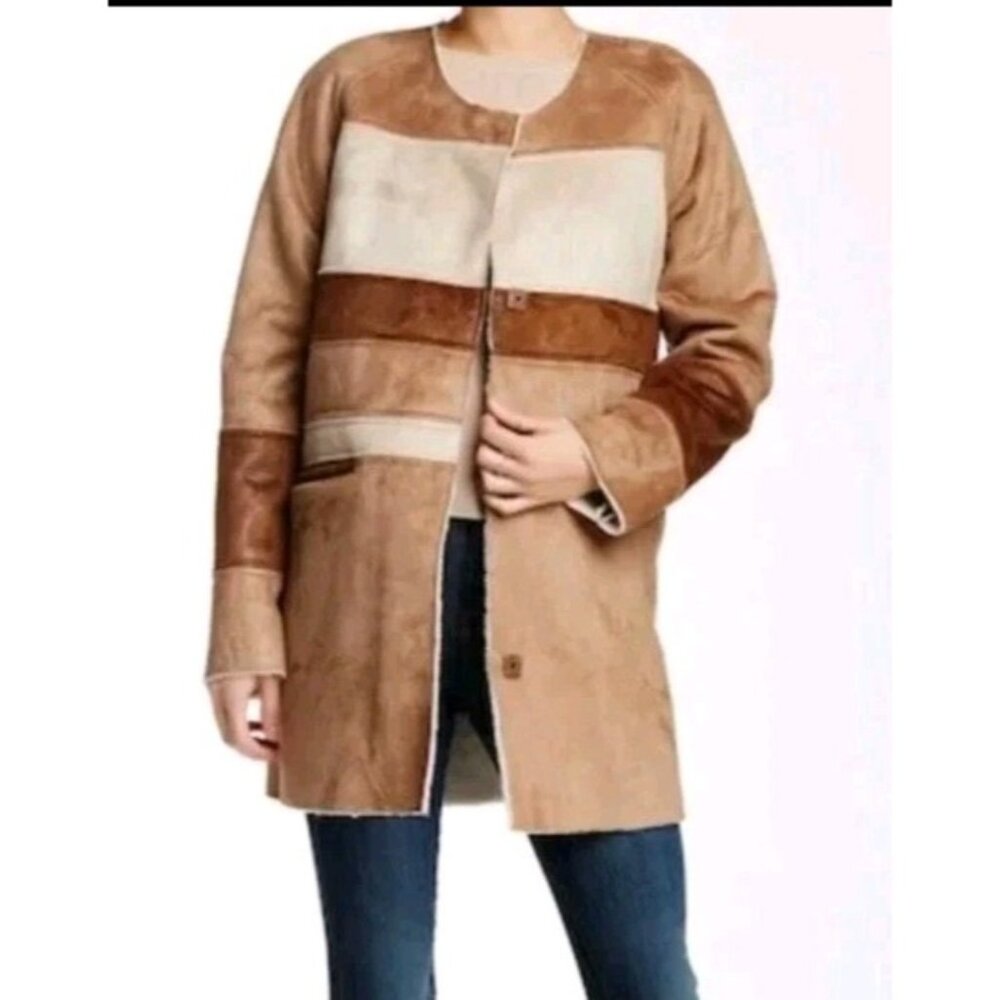 Sam Edelman Aiden Faux Fur Shearling Snap Coat Brown White Size Medium